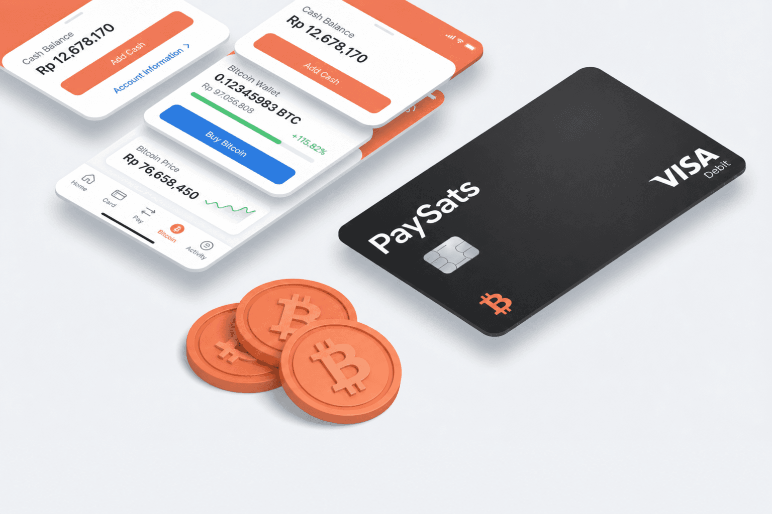 PaySats Bitcoin Card with app screens showing BTC wallet, savings balance, and Bitcoin price chart